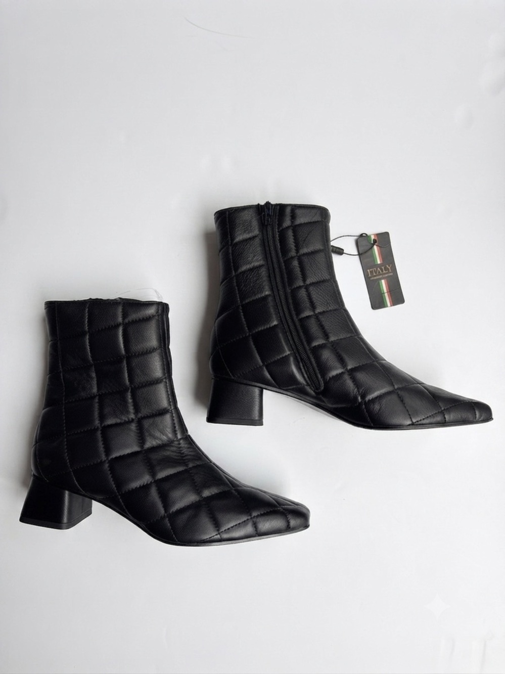 Made In Italy Black Quilted Leather Ankle Boots Square Toe Block Heel Size 39